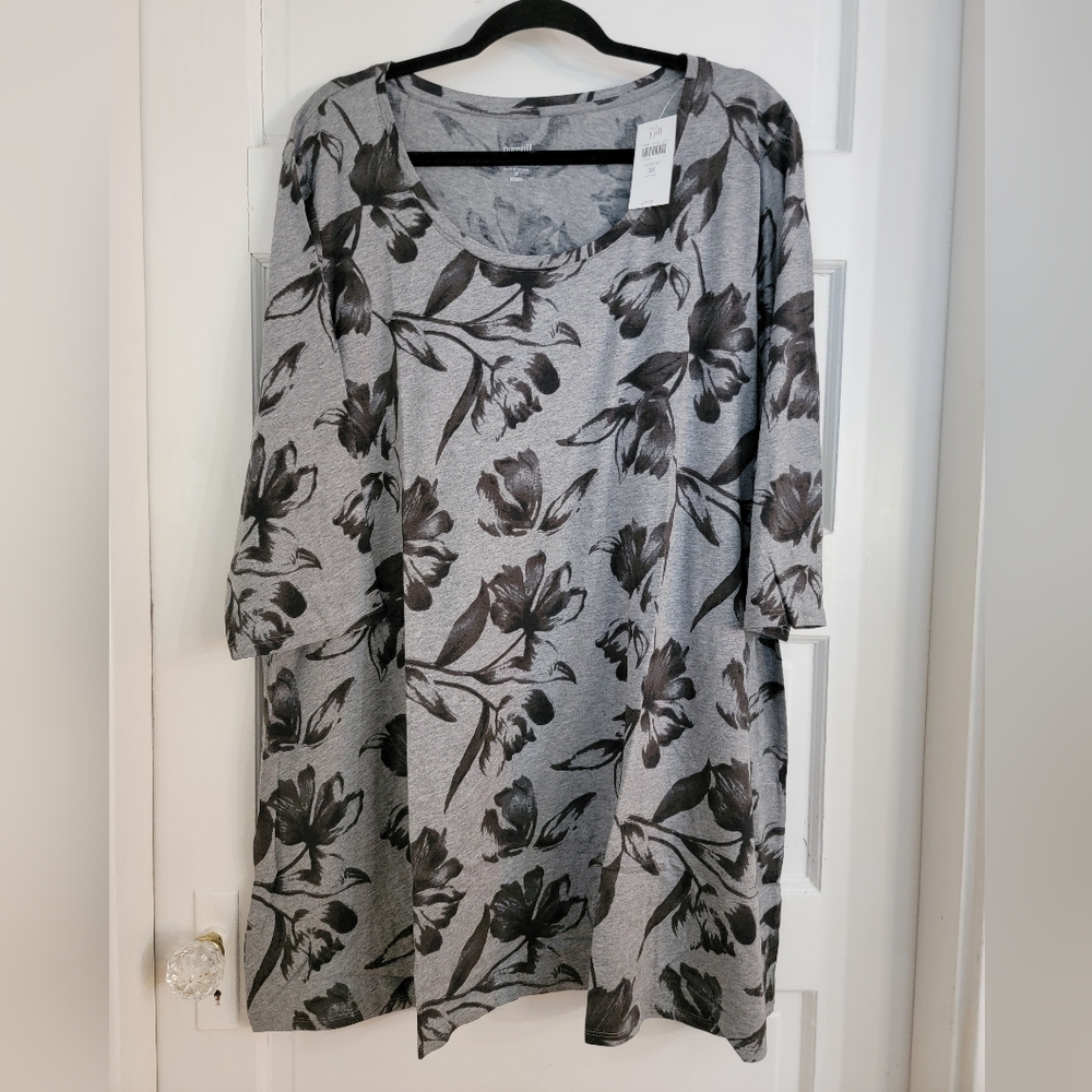 J.Jill Pure Jill Ballet-Sleeve Floral Gray and Black Tunic Top